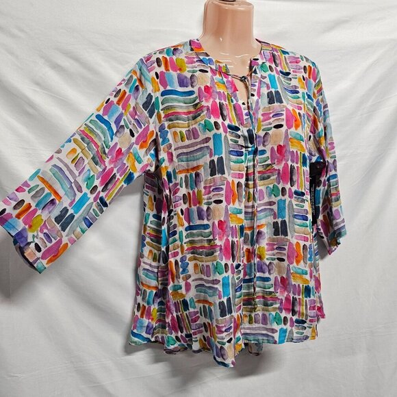AP NY V Neck Hi-Lo Top Blouse Shirt Women Size M Colorful Cupro blend - Picture 7 of 15